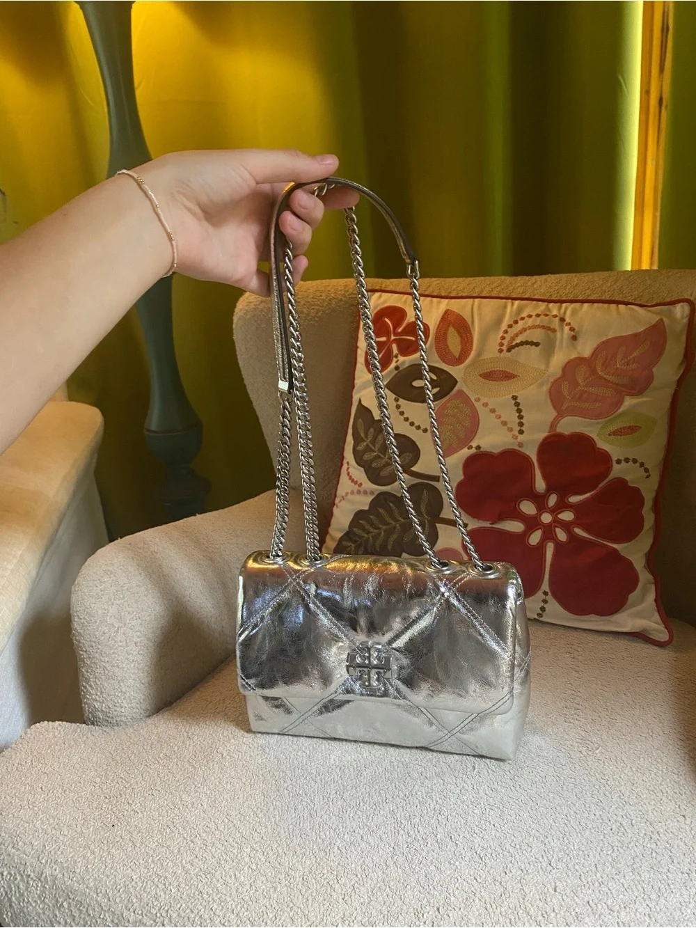 Tory Burch Metallic Silver Quilted Chain Shoulder Bag